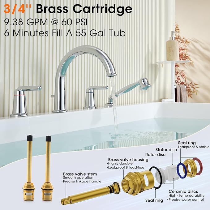 Roman Tub Faucet with Sprayer, Bath Tub Faucet Set with Valve Brass 4 Hole 2 - Image 4