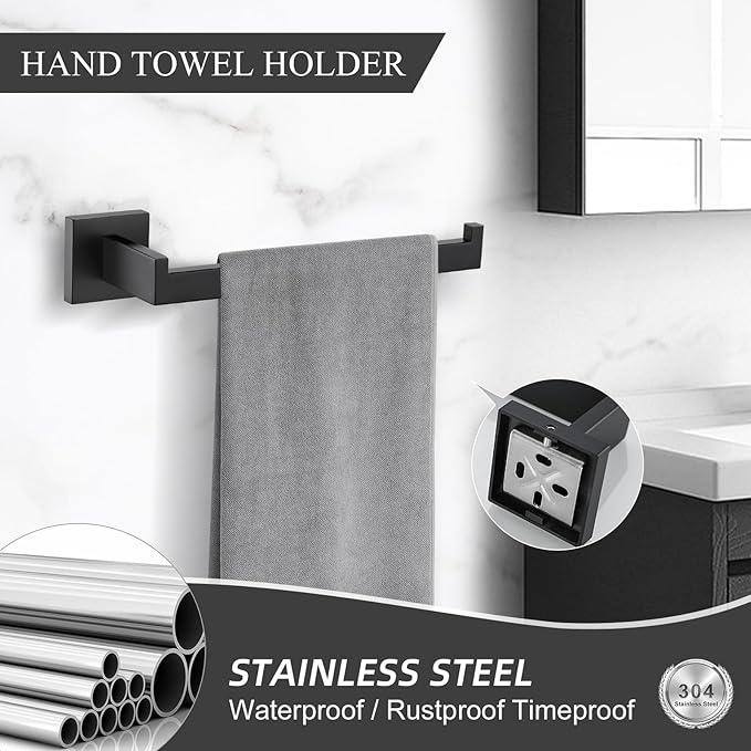 TURS Black Bathroom Towel Bar Set Square 5 Pieces Bathroom Hardware Set Matte - Image 3