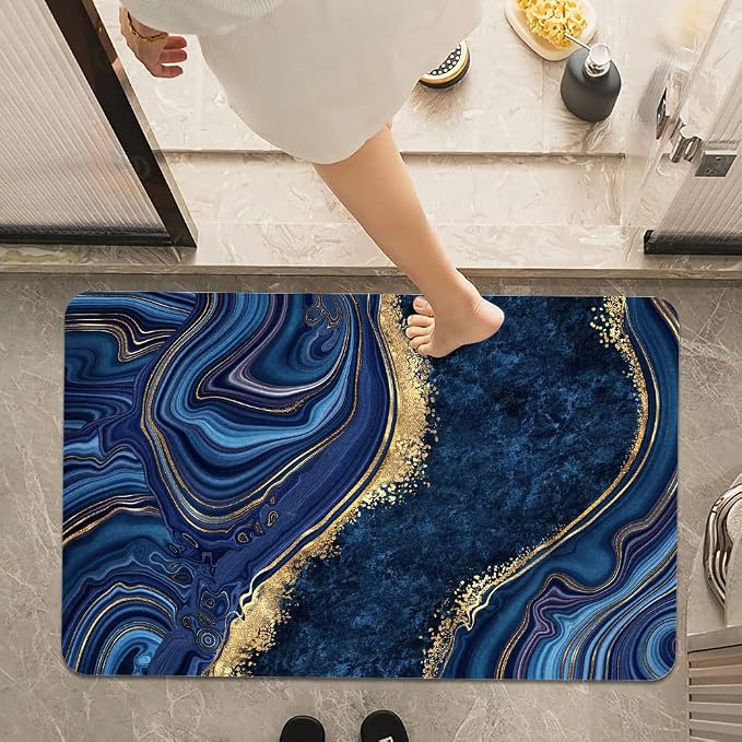 Bath Mat Rug, Dark Blue Gold marbleNon Slip Quick Dry Super Absorbent Thin - Image 7