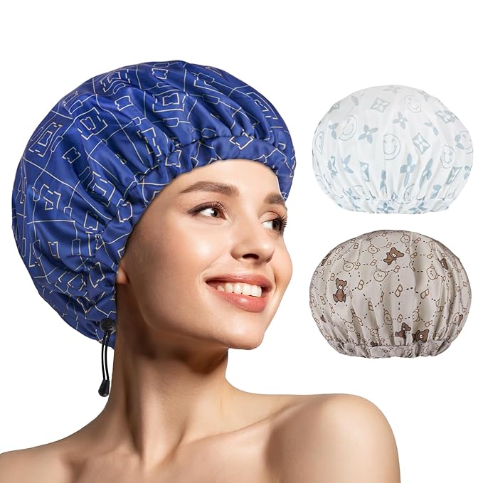 3 PCS Shower Caps for Women, Upgrade Comfortable & Extra Large & Double Layers by WINSTECK