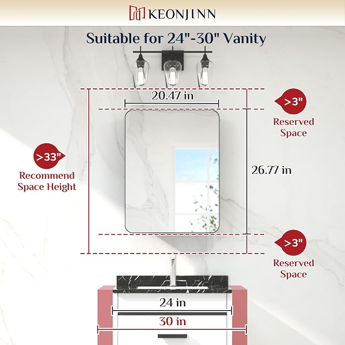 Keonjinn 20 x 26 Inch Chrome Recessed Medicine Cabinets, Mirrored Bathroom - Image 2