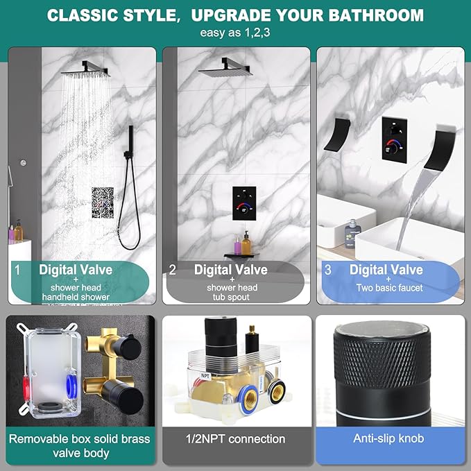 Digital Shower Valve 3 Way Diverter Temperature Display Shower Mixer 3-Function - Image 5
