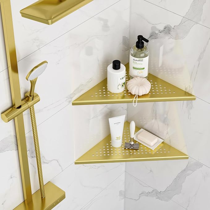 Neodrain 10 Inch Golden Bathroom Corner Shelf Set of 2, Floating Corner Shelves - Image 5