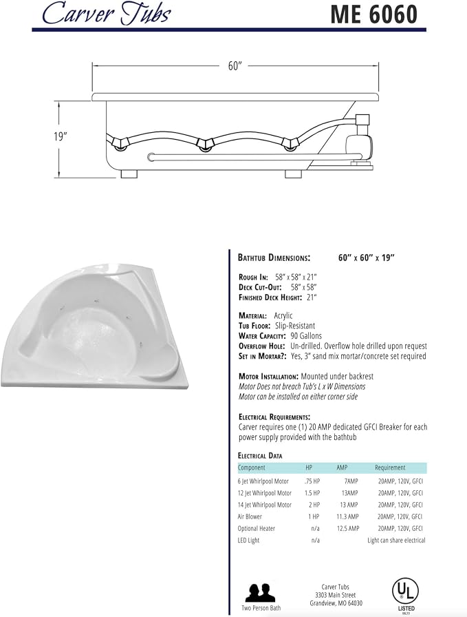 Carver Tubs - ME6060 - Modern Acrylic Fiberglass Whirlpool Tub Water Massage - Image 5