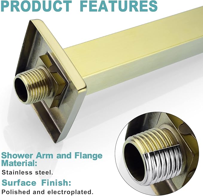 BESTILL 24 Inch Brushed Gold Ceiling Mount Shower Arm and Flange, Square Rain - Image 6