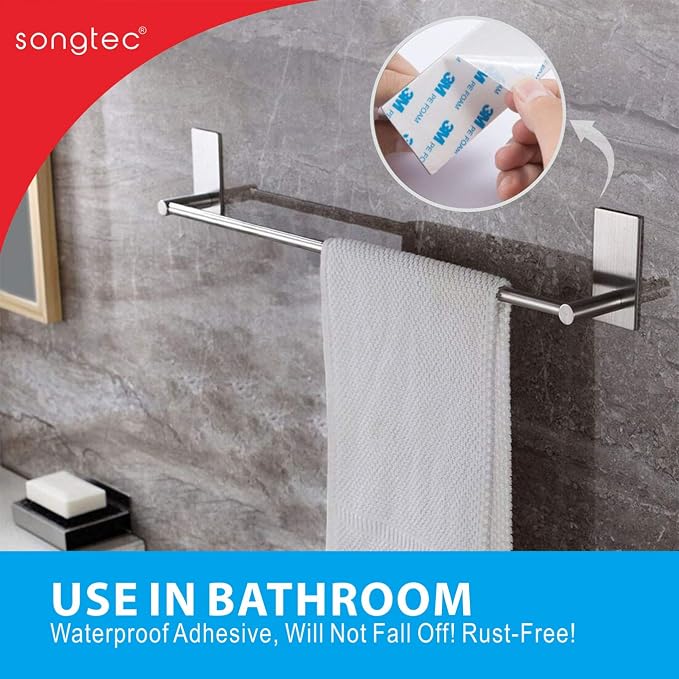 Songtec Bathroom Towel Bar 16-inch, No Drill Stick On Towel Rack, Easy Install - Image 2
