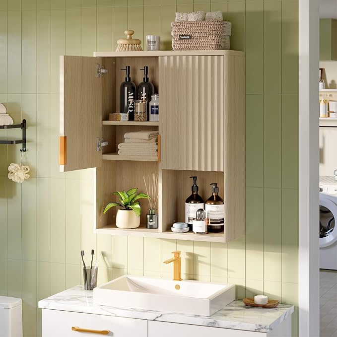 Bestier Fluted Bathroom Wall Cabinet Over The Toilet Storage, Laundry Cabinet - Image 8