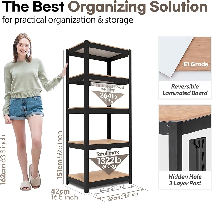 HOMEDANT House 24.4" W 5 Tier Heavy Duty Garage Shelving Adjustable Metal Rack - Image 2