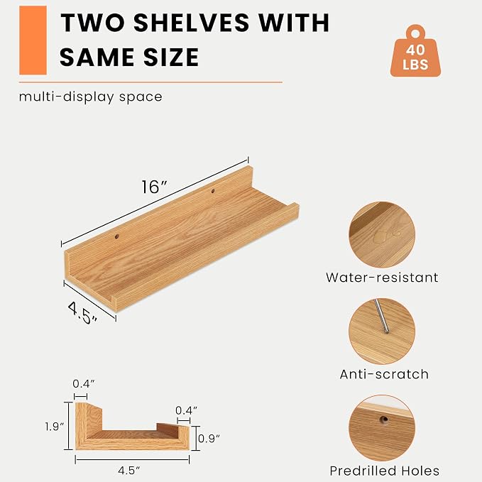 Heimlove Picture Ledge Shelf, Small Floating Shelves Set of 2, 16 Inches - Image 3