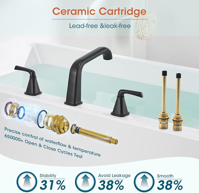 Bathtub Faucet Set 3 Hole, Matte Black Roman Bathtub Faucet, High Flow Deck - Image 4