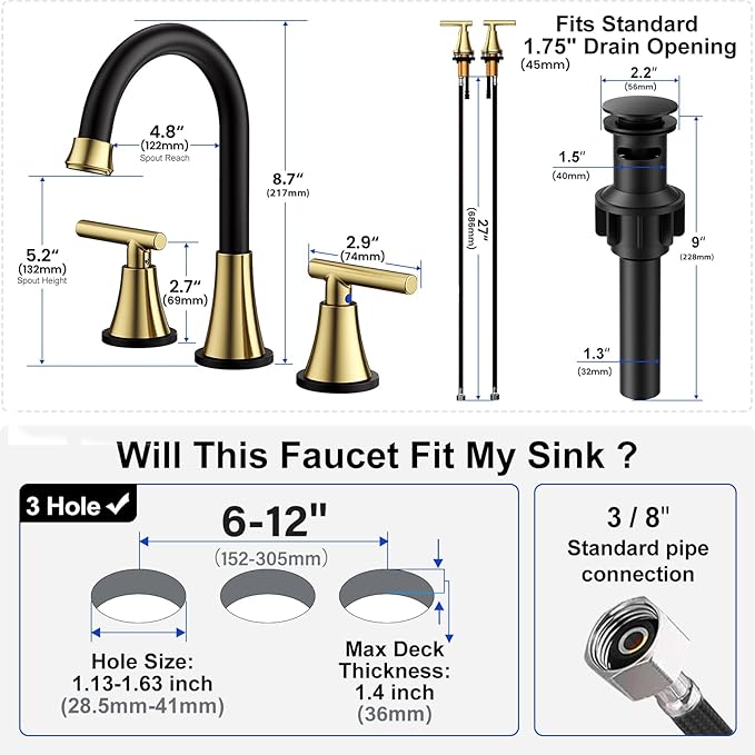 Bathroom Faucets for Sink 3 Hole, Hurran Black& Gold Bathroom Sink Faucet - Image 6