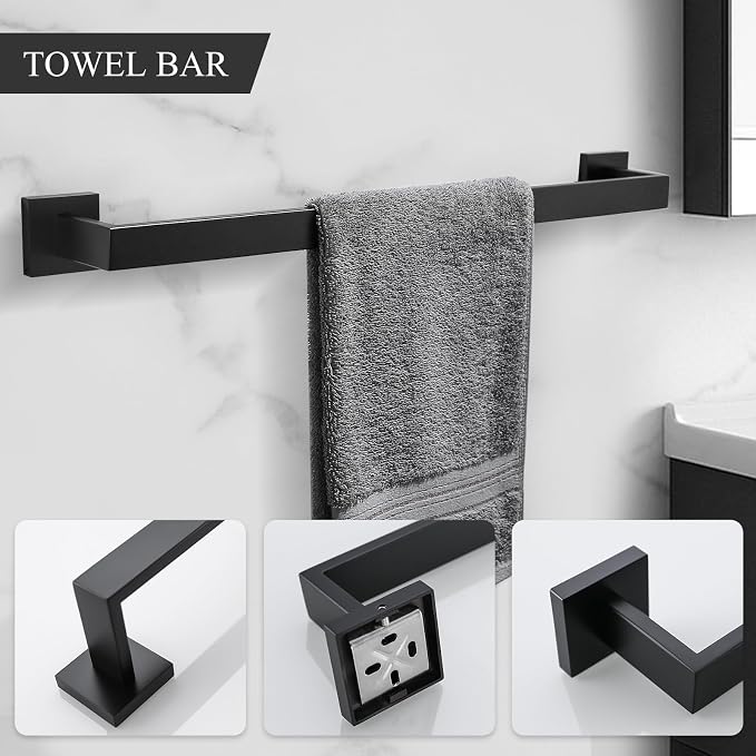 TURS Black Bathroom Towel Bar Set Square 5 Pieces Bathroom Hardware Set Matte - Image 2