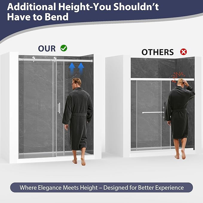 Frameless Shower Door, 55-60" W x 76" H Sliding Glass Shower Door, 1/4'' SGCC - Image 3