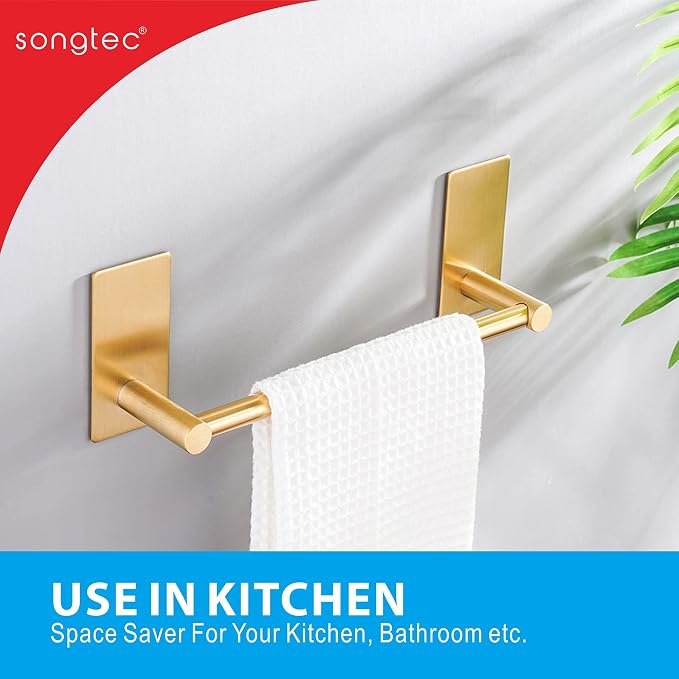 Songtec Gold Towel Bar 9-Inch, Adhesive Bath Towel Rack No Drill, Strong - Image 5