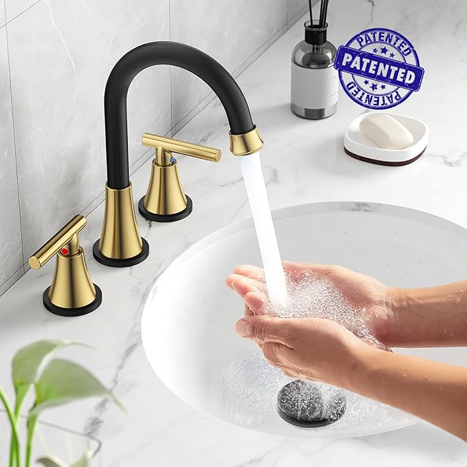 Bathroom Faucets for Sink 3 Hole, Hurran Black& Gold Bathroom Sink Faucet - Image 3