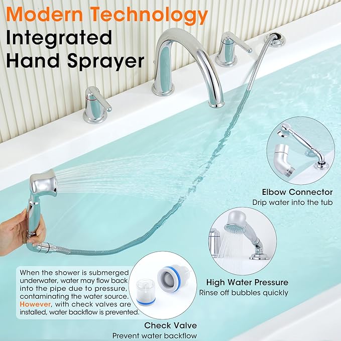 Roman Tub Faucet with Sprayer, Bath Tub Faucet Set with Valve Brass 4 Hole 2 - Image 6