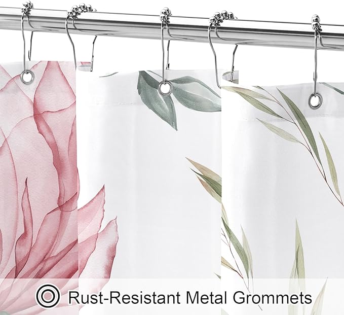 Pink and Grey Boho Watercolor Floral Shower Curtain, Ink Painting Style Blossom - Image 4