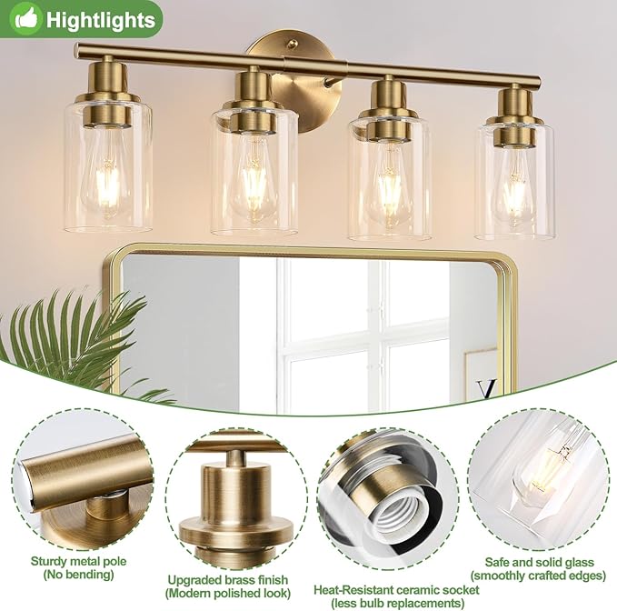4-Light Bathroom Light Fixtures, Brushed Brass Modern Vanity Lights - Image 4