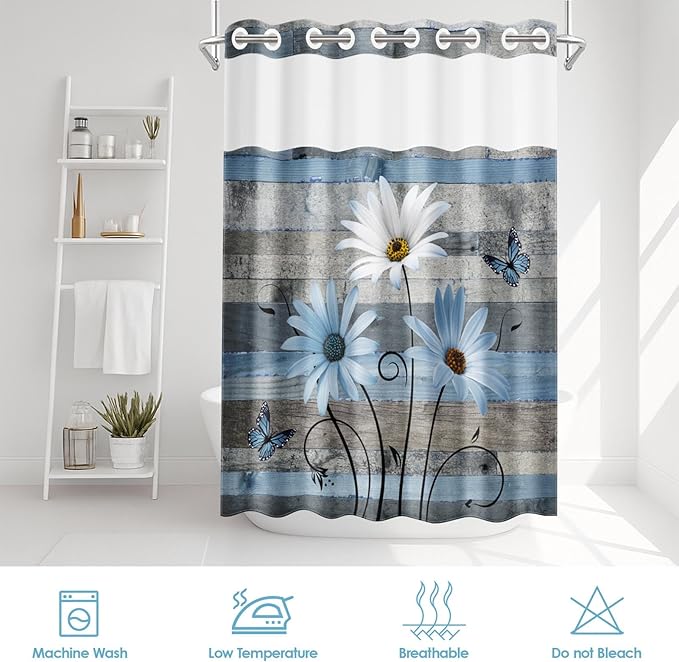 No Hook Blue Daisy and Butterfly Shower Curtain - Image 6