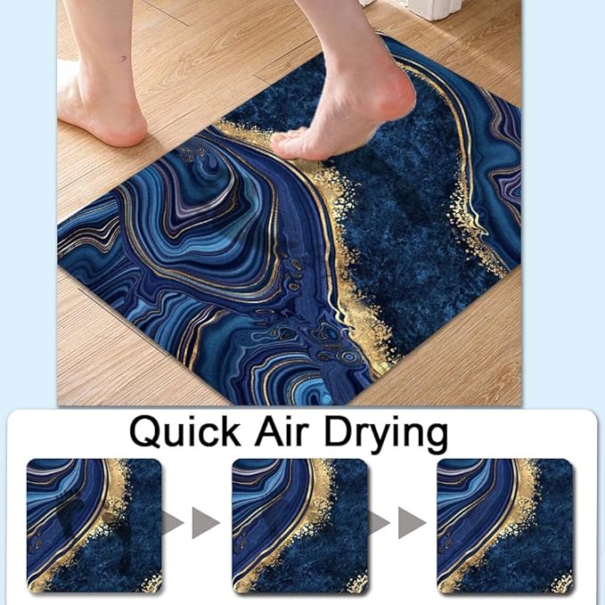 Bath Mat Rug, Dark Blue Gold marbleNon Slip Quick Dry Super Absorbent Thin - Image 4