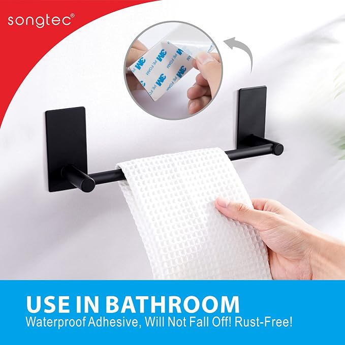 Songtec Stick Towel Bar Black 12-Inch, Adhesive Bath Towel Rack No Drill - Image 2