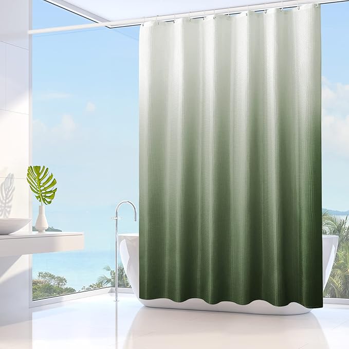 Gibelle Long Shower Curtain 72 x 78, Tall Sage Green Ombre, Waffle Weave Fabric - Image 2
