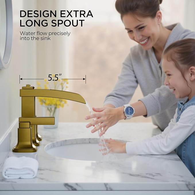 FORIOUS Brass Waterfall Brushed Gold Bathroom Faucets 3 Hole, Modern Widespread - Image 7