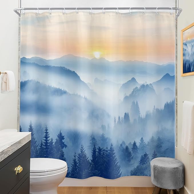 Riyidecor Misty Mountain Shower Curtain 72Wx72H Inch Blue Sunrise Scenery Foggy - Image 4