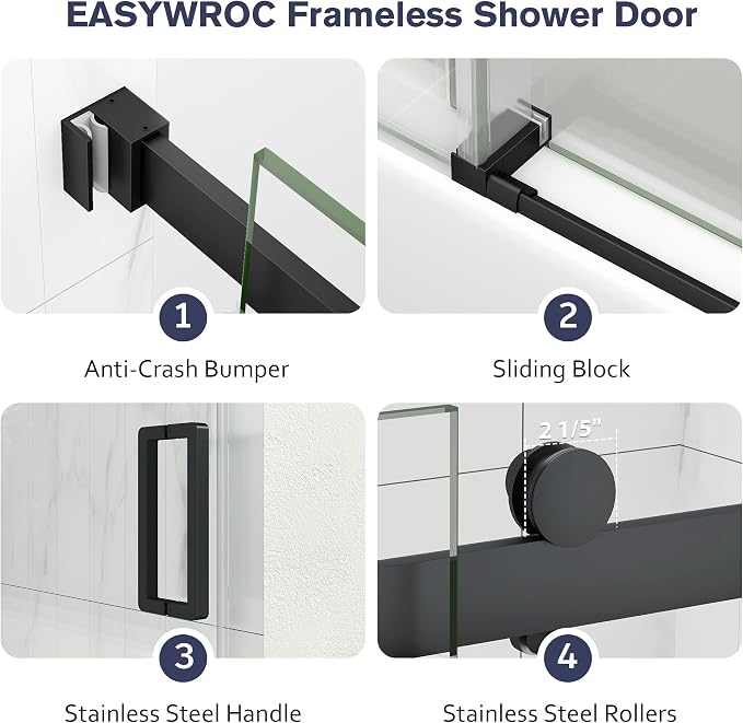 Frameless Bathtub Shower Door, 55-60" W x 60" H Sliding Tub Shower Door - Image 7
