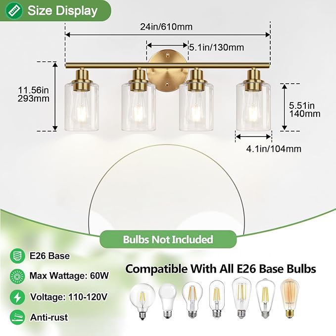 4-Light Bathroom Light Fixtures, Brushed Gold Modern Vanity Lights Over Mirror - Image 7