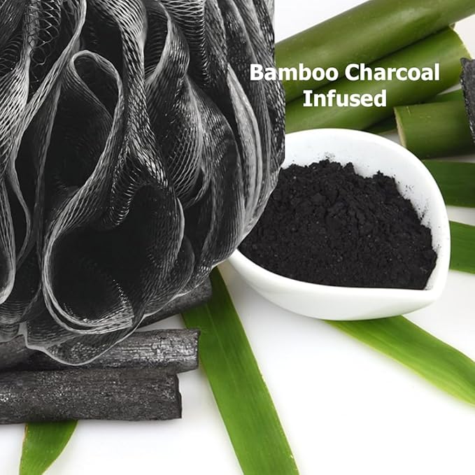 SHOWER BOUQUET Loofah-Charcoal Back-Scrubber 2-Pack // Long-Handle Bath-Sponge - Image 8