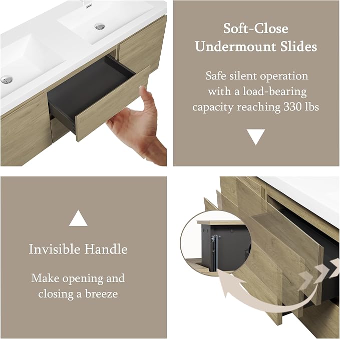 60-Inch Floating Bathroom Vanity, Modern Wall-Mounted Bathroom Storage Vanity - Image 5