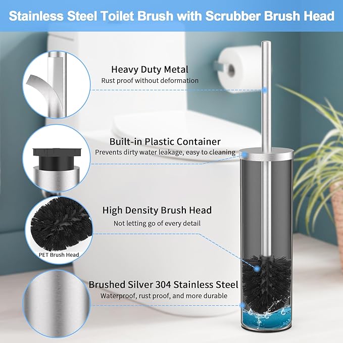Stainless Steel Toilet Brush and Holder Set Brushed Silver Heavy Duty Toilet - Image 3