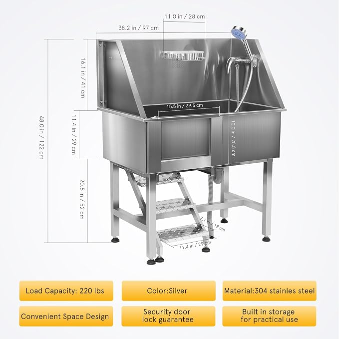 38-Inch Professional Stainless Steel Dog Grooming Tub - Image 2