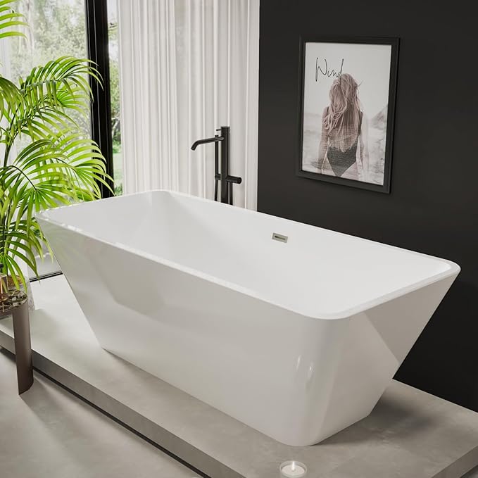 66 Inch Freestanding Bathtub, Acrylic Deep Soak Tub, Glossy White, Easy Install - Image 5