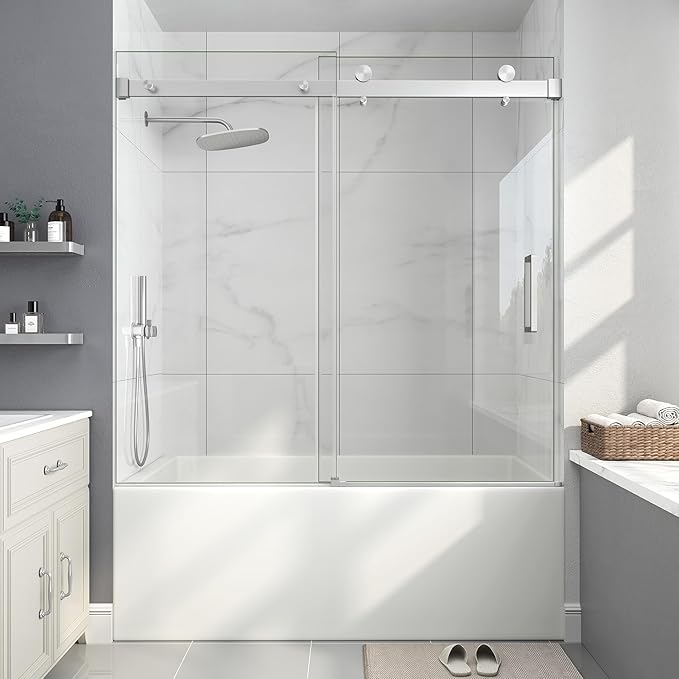 Frameless Bathtub Shower Door, 55-60" W x 60" H Sliding Tub Shower Door by EASYWORC