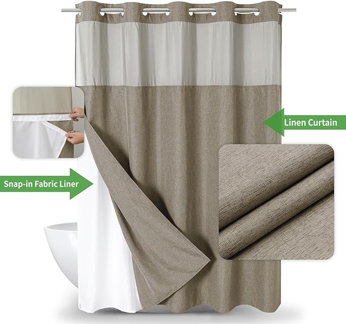 Extra Long No Hooks Needed Linen Textured Shower Curtain - Image 2
