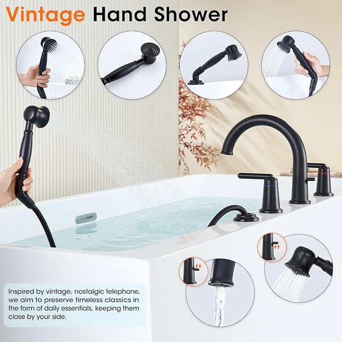 Bathtub Faucet Trim Kit with Hand Shower and Rough-in Valve Deck Mount 4 Hole - Image 5