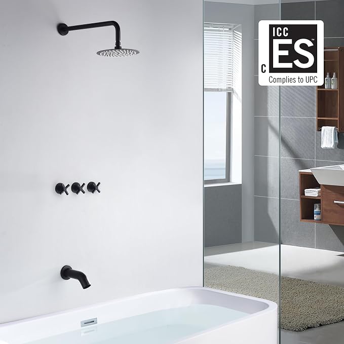 3 Handle Tub Shower Faucet, Matte Black Bathtub Faucet Set - Image 2