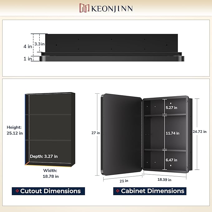 Keonjinn 20 x 26 Inch Chrome Recessed Medicine Cabinets, Mirrored Bathroom - Image 3