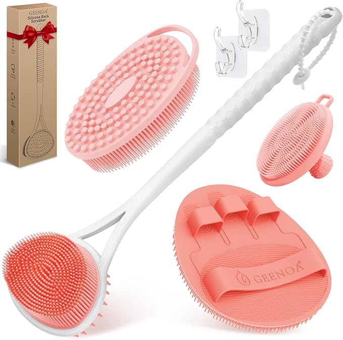 Silicone Back Body Face Scrubbers Set 4PCS, 15.35’’ Back Scrubber Soft Body by GEENOA