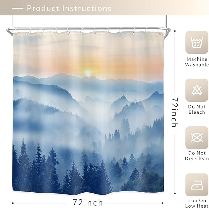 Riyidecor Misty Mountain Shower Curtain 72Wx72H Inch Blue Sunrise Scenery Foggy - Image 5