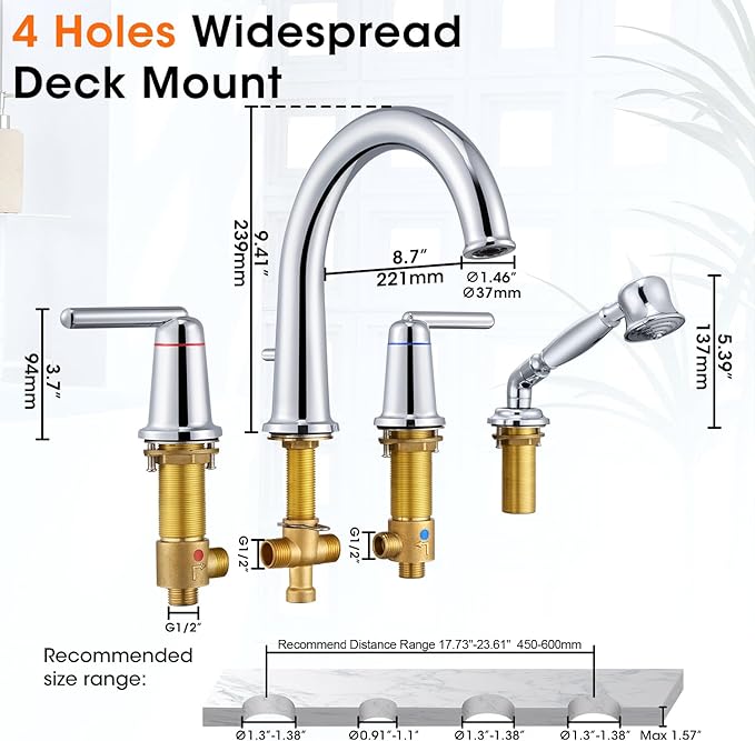 Roman Tub Faucet with Sprayer, Bath Tub Faucet Set with Valve Brass 4 Hole 2 - Image 7