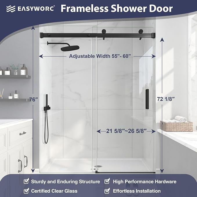 Frameless Shower Door, 55-60" W x 76" H Sliding Glass Shower Door, 1/4'' SGCC - Image 6