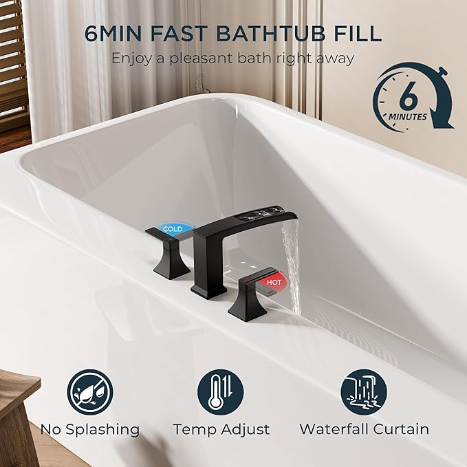 FORIOUS Waterfall Black Bathtub Faucet Set 3 Hole, 2 Handle Deck Mount Roman - Image 4