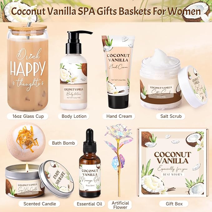 Spa Gift Baskets for Women, Vanilla Coconut Bath and Body Gifts Set for Women - Image 2