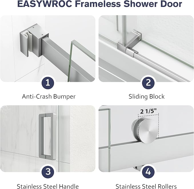 Frameless Shower Door, 49-54" W x 76" H Sliding Glass Shower Door, 1/4''(6mm - Image 9