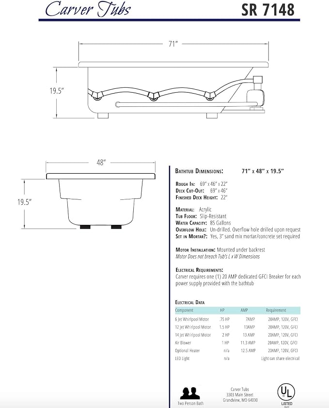 Carver Tubs - SR7148 - Modern Acrylic Fiberglass Whirlpool Water Massage Bathtub - Image 6