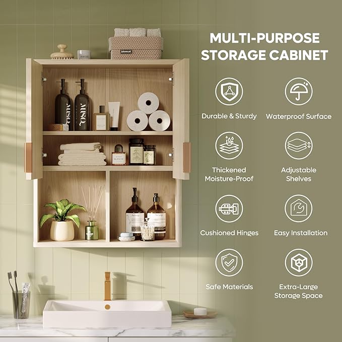 Bestier Fluted Bathroom Wall Cabinet Over The Toilet Storage, Laundry Cabinet - Image 3