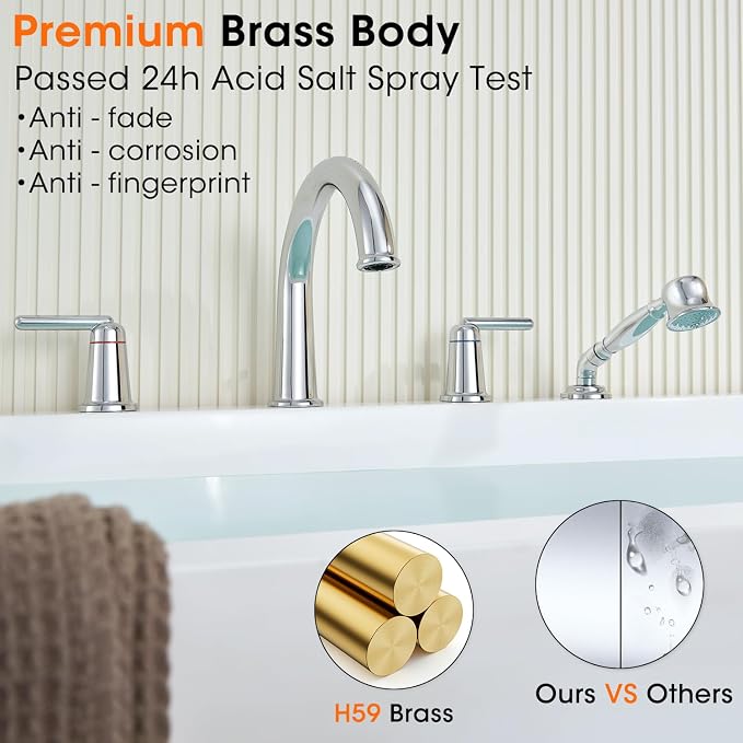 Roman Tub Faucet with Sprayer, Bath Tub Faucet Set with Valve Brass 4 Hole 2 - Image 9